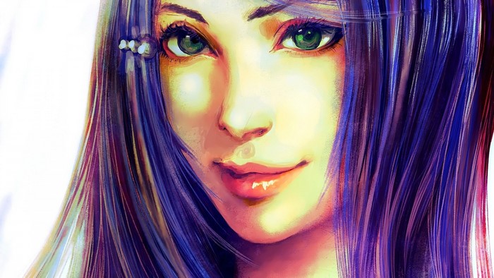 Digital art portrait of a woman with purple hair