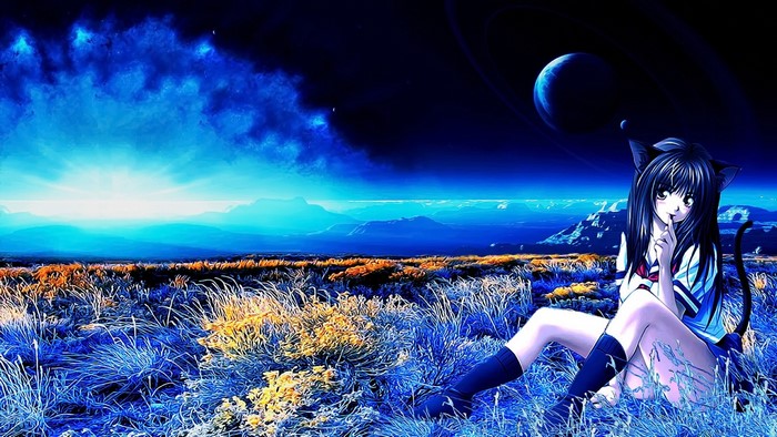 Anime cat girl sitting in a field with a planet in the sky