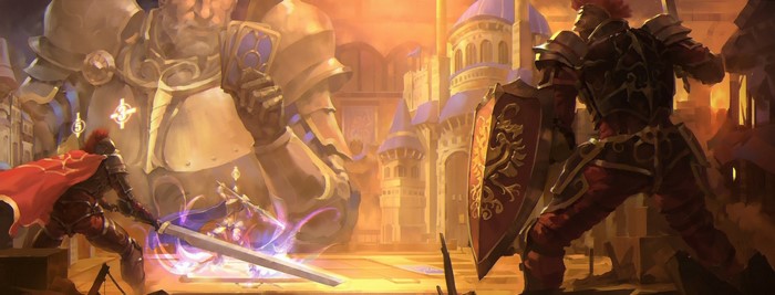 Knights battling in a fantasy castle with a giant statue