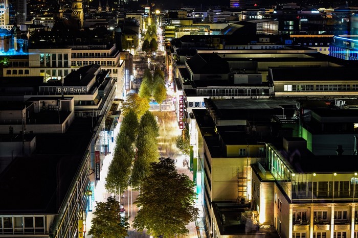 Cityscape at night with long exposure and reflections