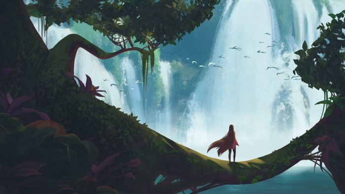 Girl on a branch overlooking a waterfall with birds
