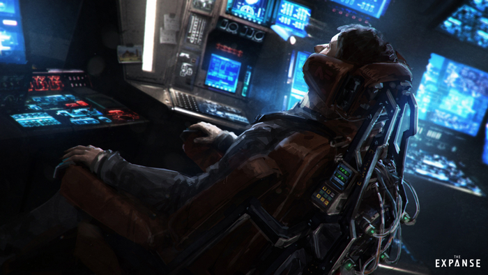 Man in a futuristic chair with screens in The Expanse