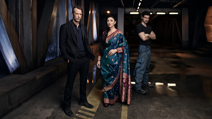 Avasarala, Jim Holden, and Amos Burton from The Expanse