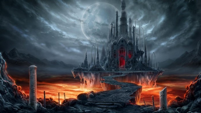 Fantasy castle on a floating island above lava