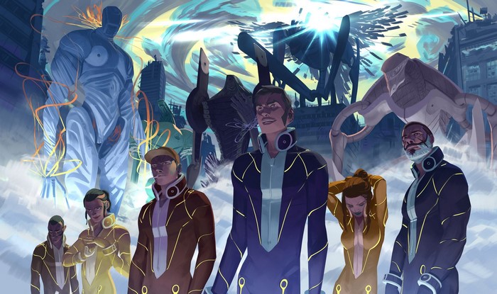Characters and giant robots in a futuristic city