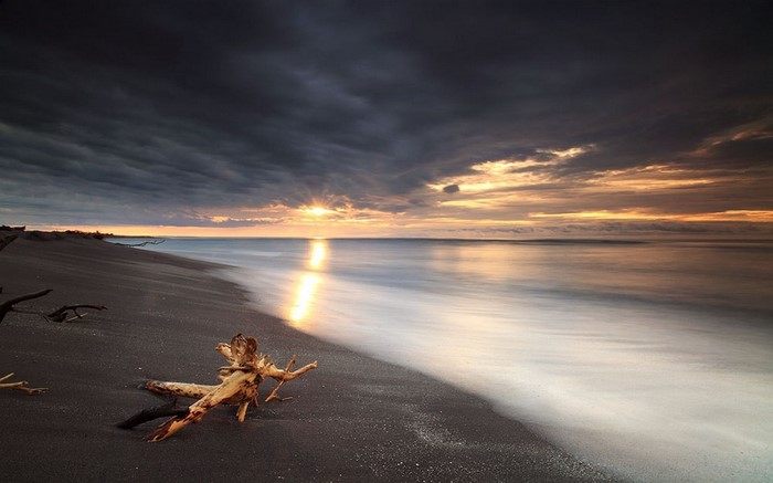 Sunset over a black sand beach with driftwood