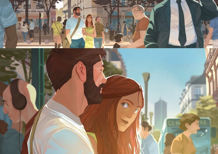 Couple in a Parisian street with people walking