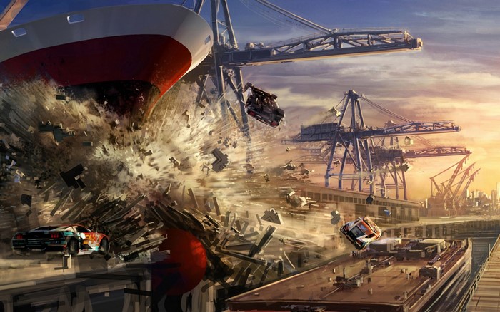 Split/Second video game screenshot of a port collision