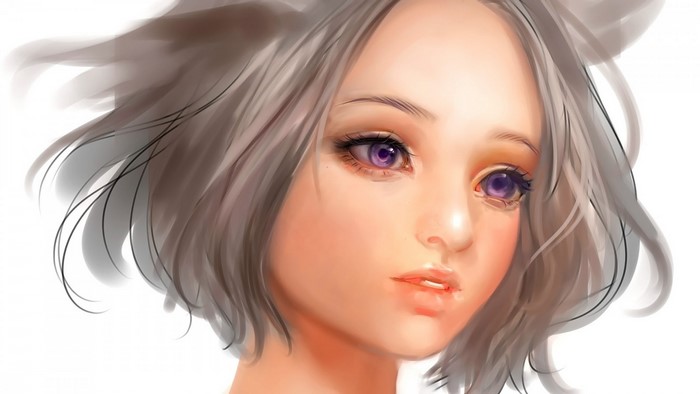 Anime girl with purple eyes and short grey hair