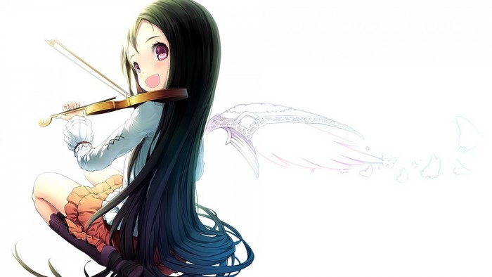 Anime girl with black hair playing violin with wings