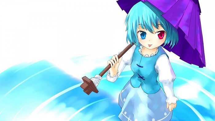 Tatara Kogasa from Touhou holding a purple umbrella