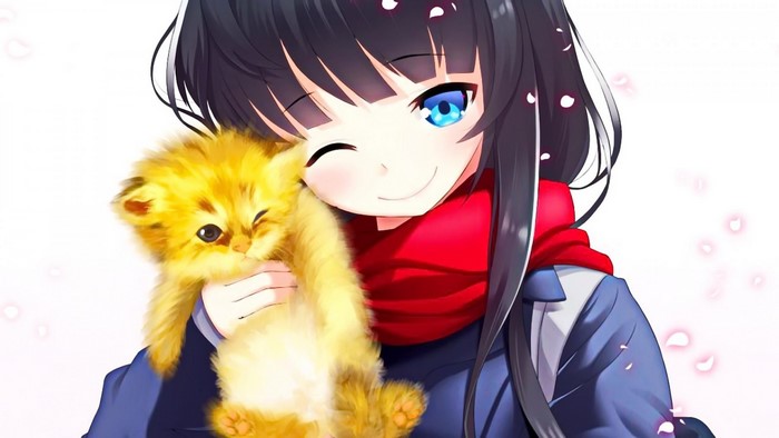 Anime girl with black hair holding a fluffy kitten