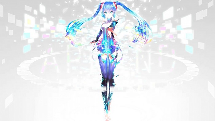 Hatsune Miku from Vocaloid in futuristic digital world