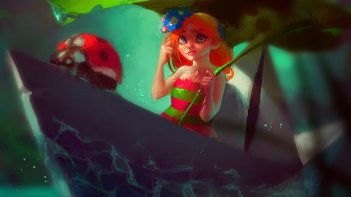 Anime girl in a boat with a ladybug