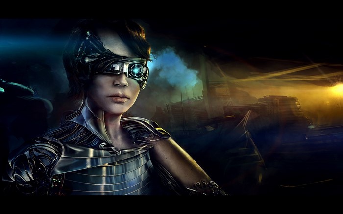 Woman with cybernetic eye and armor in a futuristic city