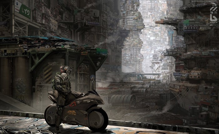 Soldier on a motorcycle in a futuristic city