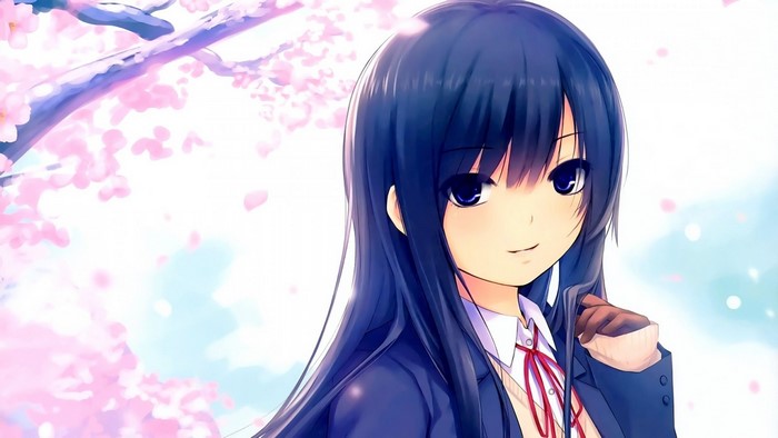 Anime girl with black hair and blue eyes with cherry blossoms