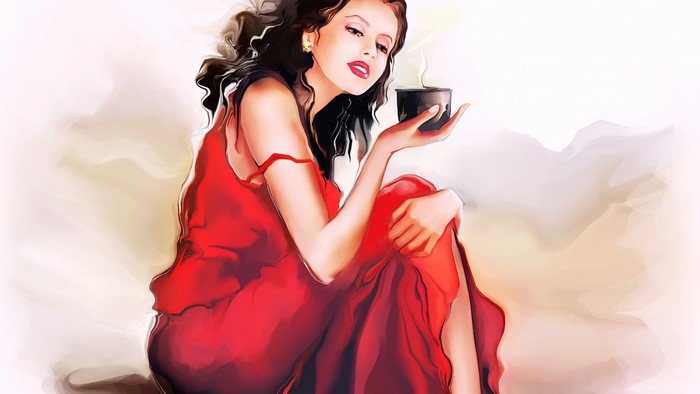 Woman in red dress holding a cup