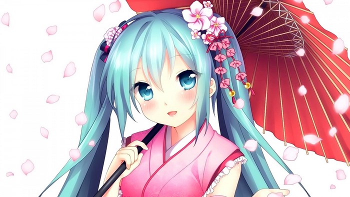 Hatsune Miku from Vocaloid with umbrella and flowers