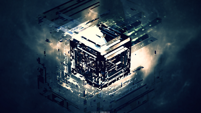 Abstract glowing cube in dark space