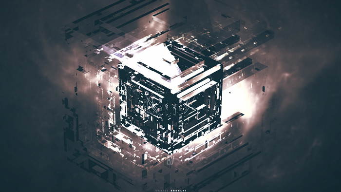 Abstract glowing cube in dark space