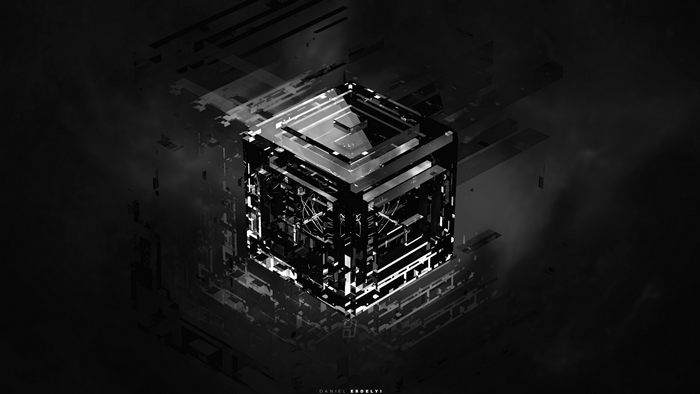 Monochrome abstract cube with geometric patterns