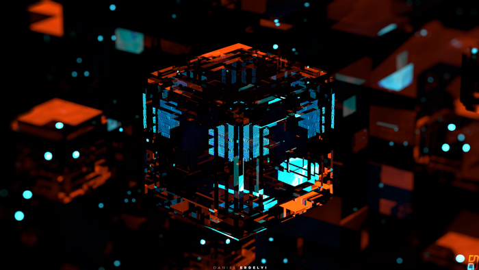 Abstract glowing cube with orange and blue lights