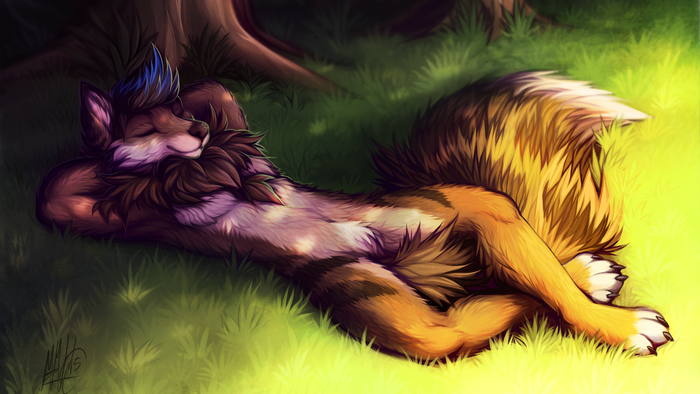 Relaxing Mythical Anthro Wolf in Sunlit Forest
