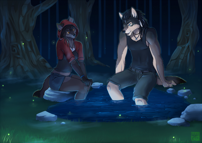 Two anthropomorphic wolves in a forest at night