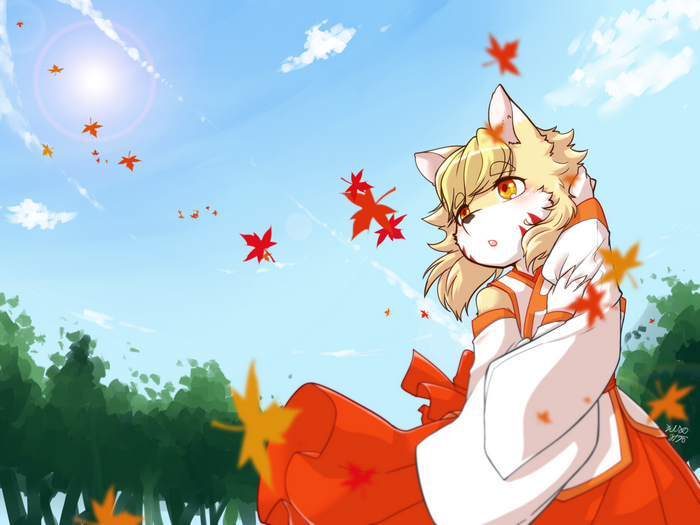 Anime furry character in traditional Japanese clothing with falling leaves