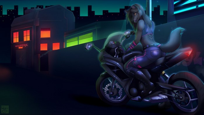 Furry on a motorcycle in a city at night