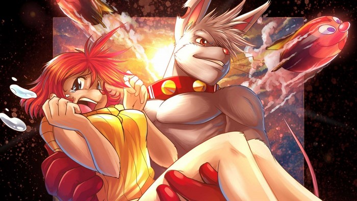 Anthro rabbit carrying a distressed furry girl