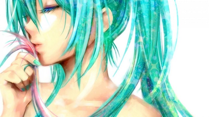 Hatsune Miku with aqua hair touching her mouth