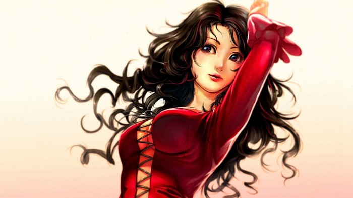 Anime girl with long black hair in red dress