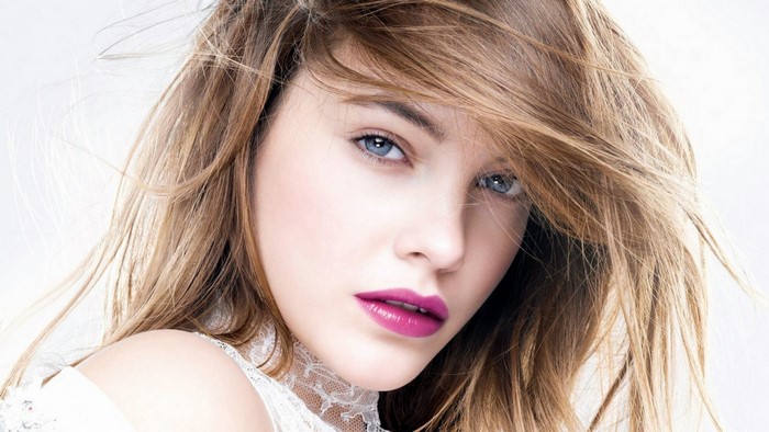 Barbara Palvin portrait with pink lipstick and windblown hair