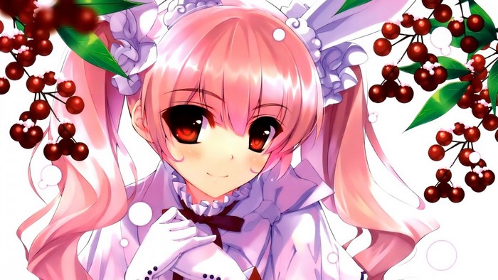 Anime girl with pink hair and red eyes with berries