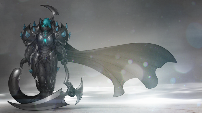 Furry warrior with scythe and fantasy armor