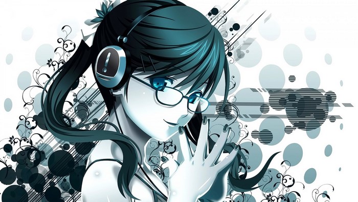 Anime girl with headphones and glasses