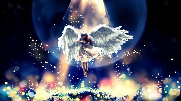 Anime angel girl playing violin with wings