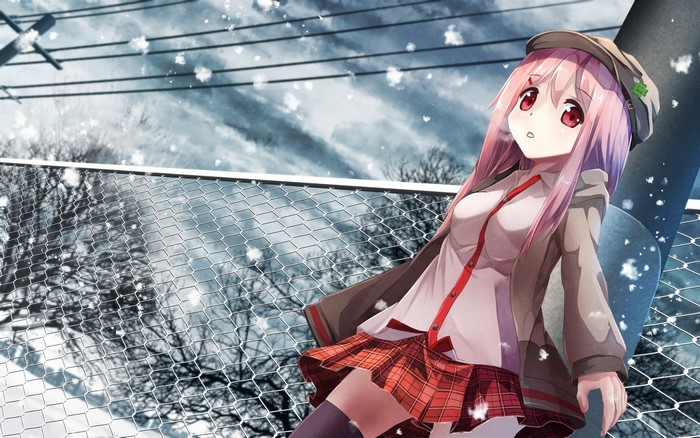 Anime girl with pink hair and red eyes in snow