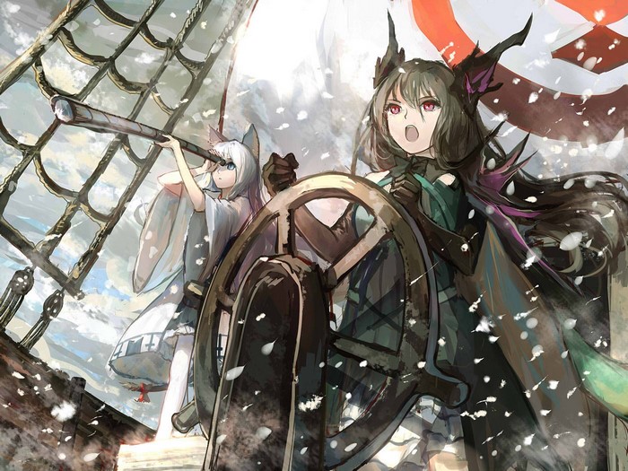 Anime girls on a ship with a telescope