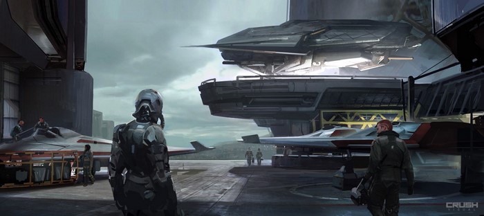 Science fiction soldiers and spacecraft in a hangar