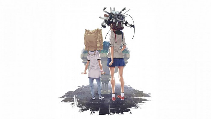 Two anime girls with unusual headwear in front of a fountain