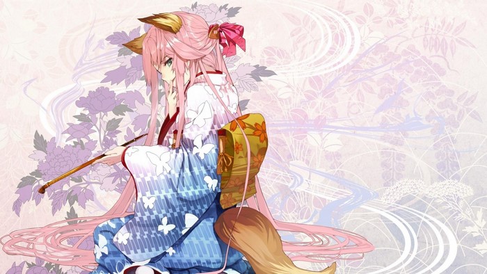 Anime girl with pink hair and fox ears in kimono