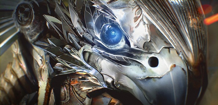 Close-up of a mechanical eagle with blue eyes