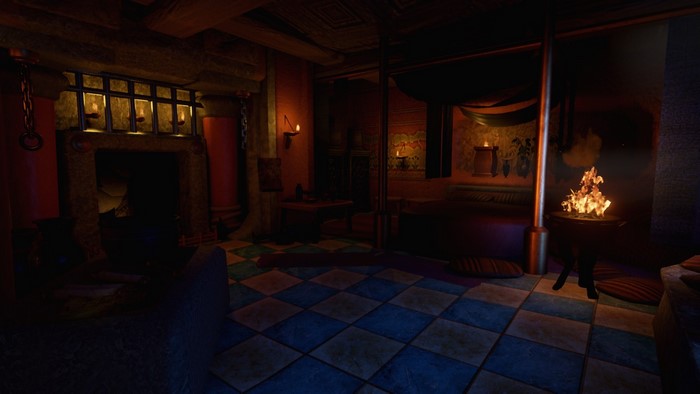 Interior of a dimly lit ancient room with a fireplace and bed