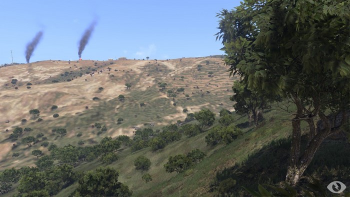 Arma 3 landscape with smoke plumes rising from a hill