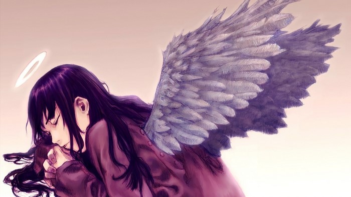 Angel with purple hair and wings