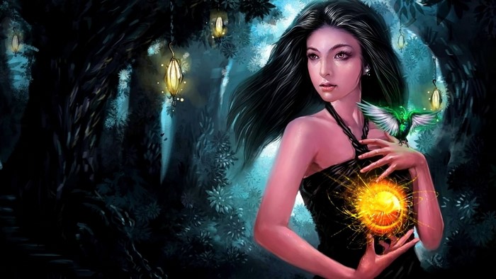 Woman holding a glowing orb with a bird on her shoulder