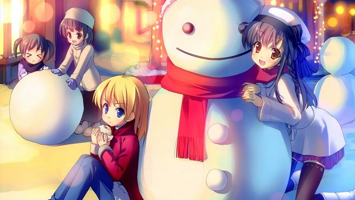 Anime girls building a snowman in winter